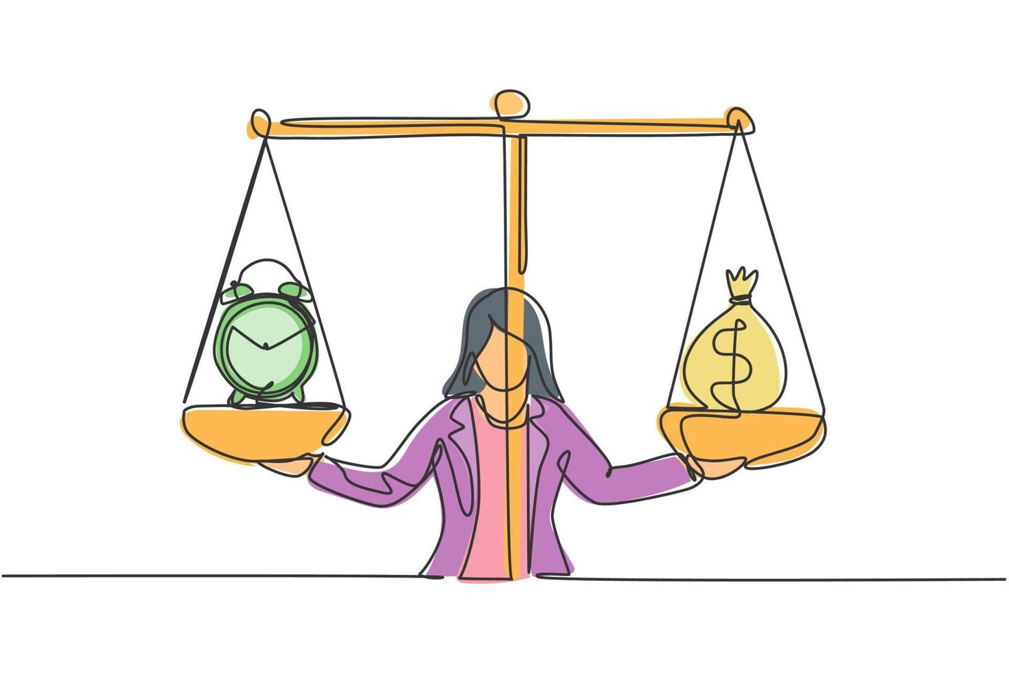 Single continuous line drawing young business woman weight money bag and analog clock with scale. Minimalism metaphor business deadline concept.  One line draw graphic design vector illustration.