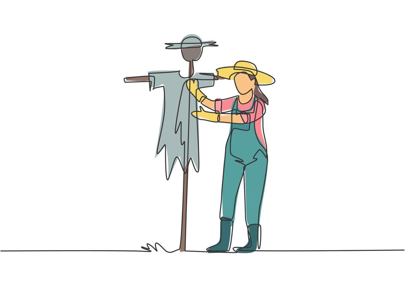 Una sola línea continua dibujando una joven agricultora con un sombrero de paja colocando un espantapájaros para mantener alejadas las plagas de los pájaros. agricultura concepto minimalista. Ilustración de vector de diseño gráfico de dibujo de una línea.