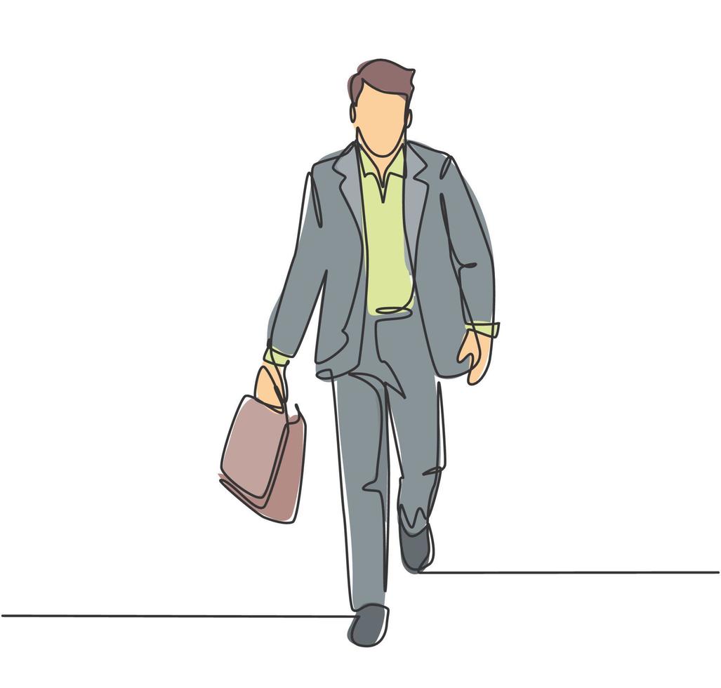 One single line drawing of young male manager walking in hurry at city street try not be late for work meeting at office. Urban commuter worker concept continuous line draw design vector illustration