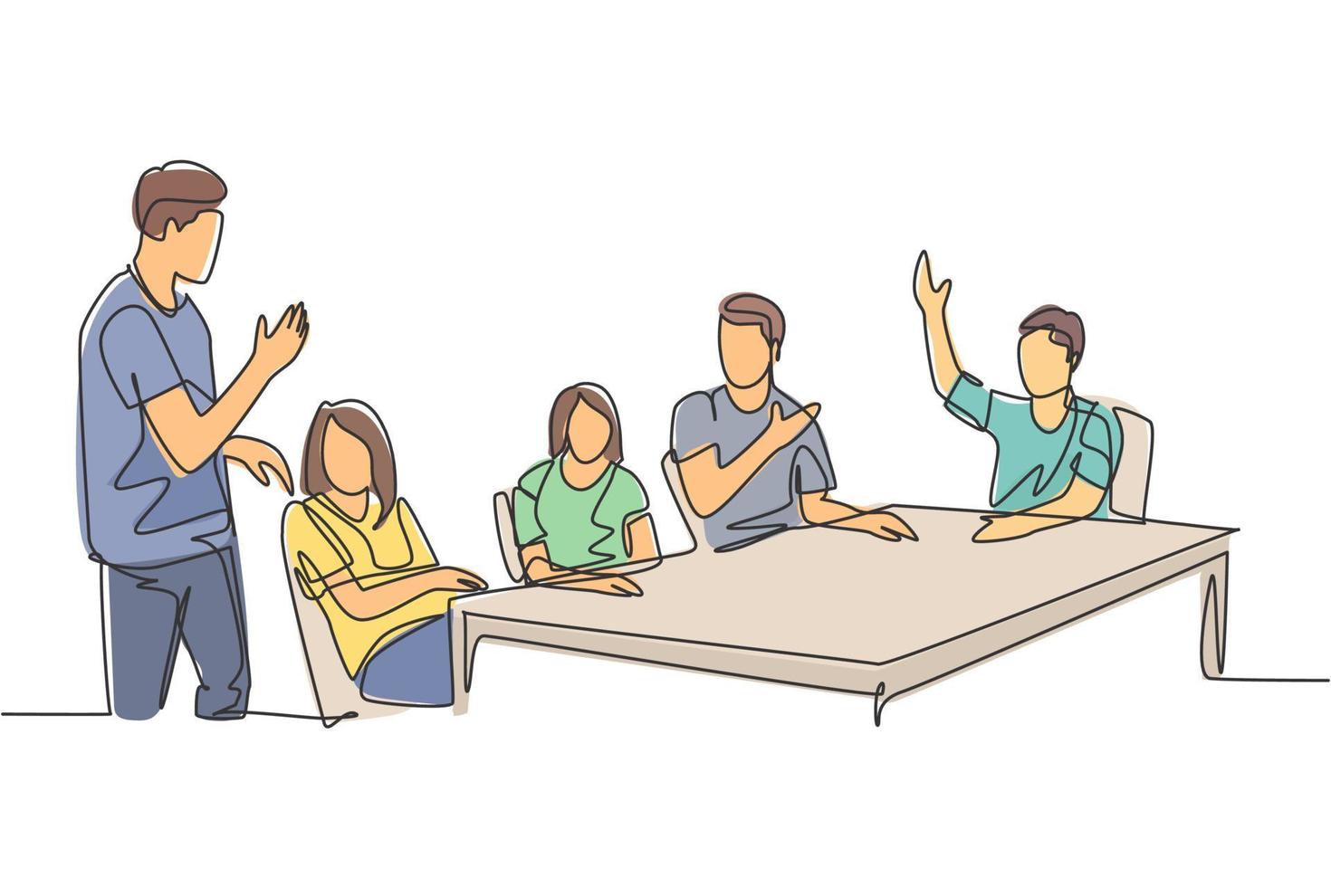 One single line drawing of young startup CEO lead the company gathering and meeting with his team member at the office. Business meeting concept continuous line draw design graphic vector illustration