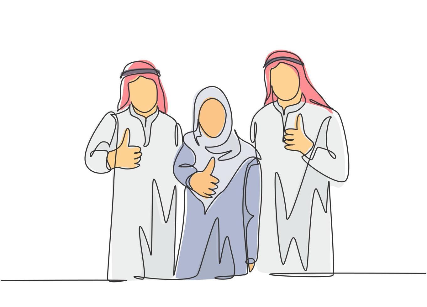 One continuous line drawing of young happy muslim employees giving thumbs up gesture to celebrate job promotion. Islamic clothing shemag, scarf, keffiyeh. Single line draw design vector illustration