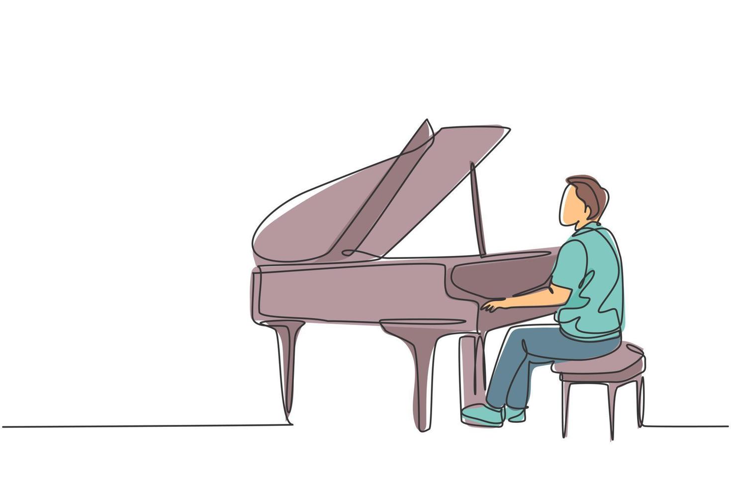 Single continuous line drawing of young happy male pianist playing classic grand piano on music concert orchestra. Musician artist performance concept one line draw design graphic vector illustration