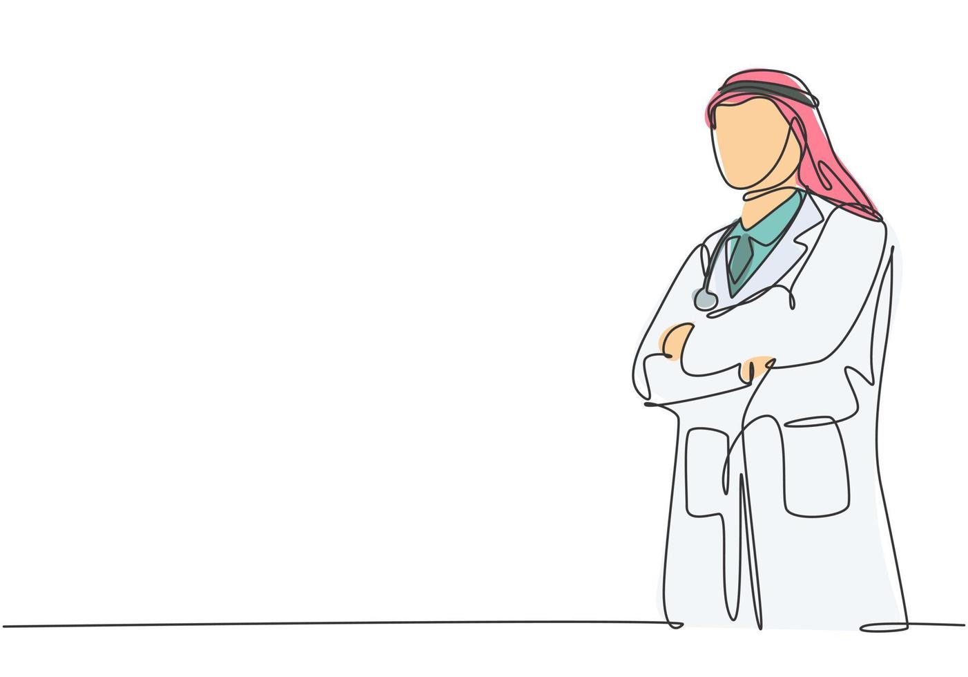 un dibujo de una sola línea del joven médico árabe musulmán posan de pie y ponen las manos cruzadas frente a su pecho. Concepto de servicio de atención médica médica ilustración de vector de diseño de dibujo de línea continua