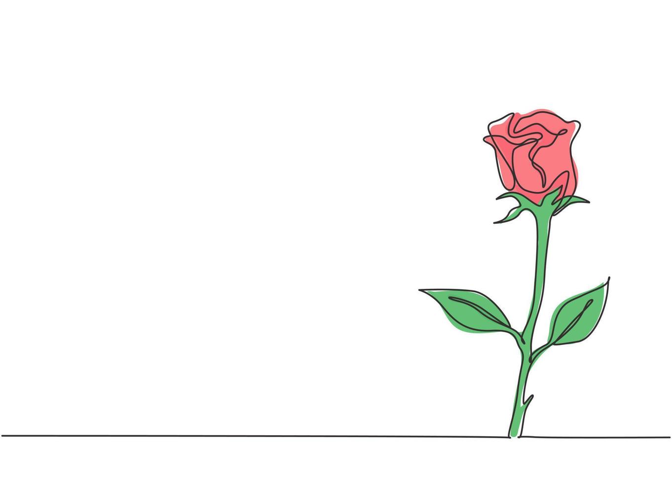 Single continuous line drawing of fresh romantic beautiful rose flower. Greeting card, invitation, logo, banner, poster concept. Trendy one line draw graphic design vector illustration