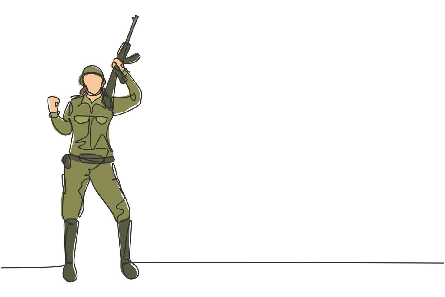 Soldado femenino de dibujo de una sola línea se encuentra con gesto de celebración, arma y uniforme completo al servicio del país con la fuerza de las fuerzas militares. Ilustración de vector gráfico de diseño de dibujo de línea continua