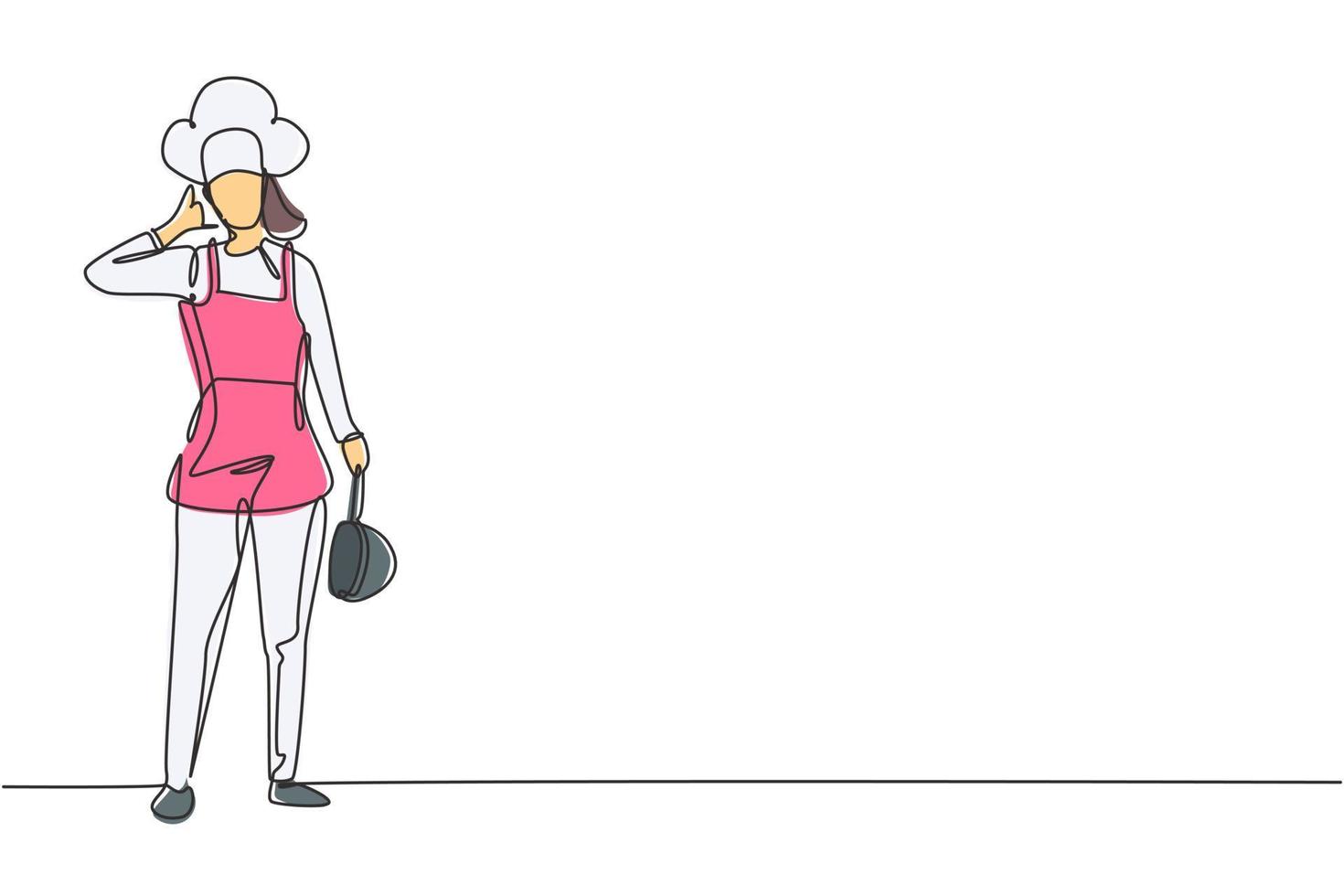 Single one line drawing female chef stands with call me gesture, holding pan and wearing cooking uniform prepares ingredients to cook dishes. Continuous line draw design graphic vector illustration