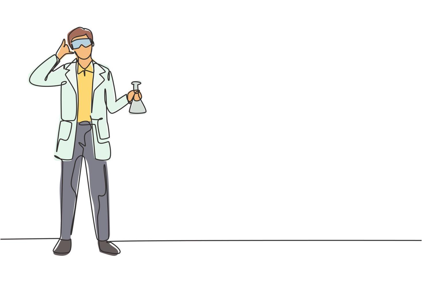 Single continuous line drawing scientist stands with call me gesture and holding measuring tube filled with chemical liquid. Success business. Dynamic one line draw graphic design vector illustration
