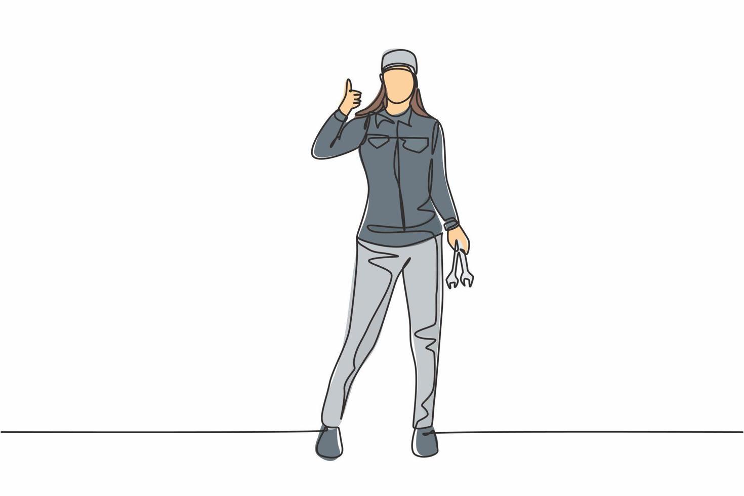 Single continuous line drawing female mechanic stands up with a thumbs-up gesture and holding the wrench to perform maintenance on the vehicle engine. One line draw graphic design vector illustration