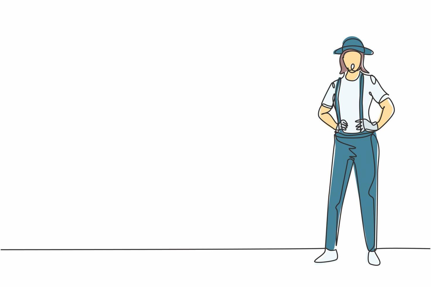 Single continuous line drawing young female mime artist with stripped shirt holding hands on hip. Professional work job occupation. Minimalism concept one line draw graphic design vector illustration