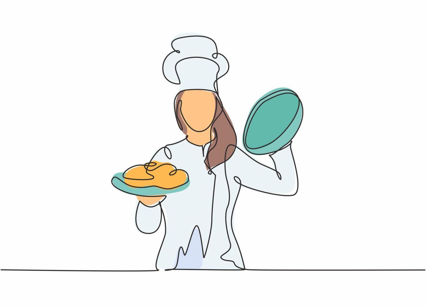 One continuous line drawing of young beauty female chef opening cloche tray to serve main dish to customer at hotel restaurant. Excellent service concept single line draw design vector illustration