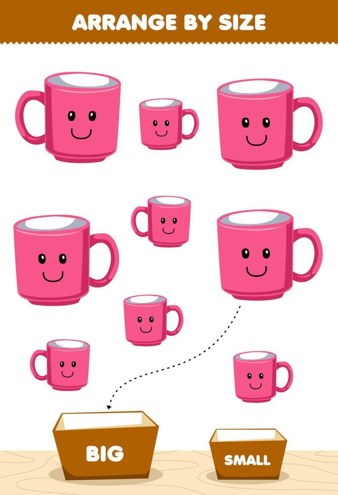 Education game for children arrange by size big or small put it in the box of cute cartoon mug picture printable tool worksheet vector