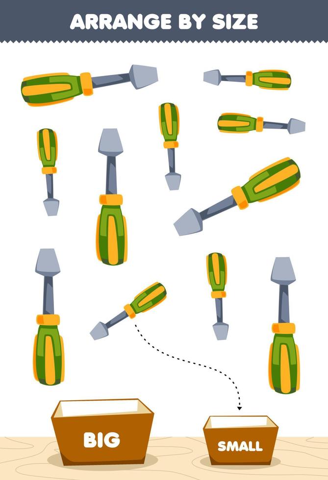 Education game for children arrange by size big or small put it in the box of cute cartoon screwdriver picture printable tool worksheet vector