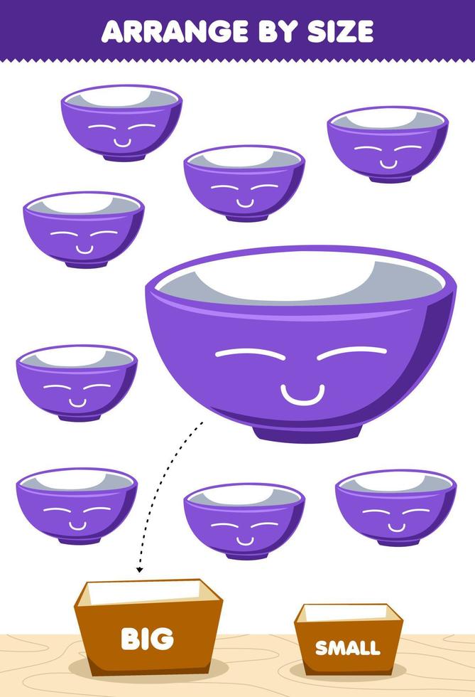 Education game for children arrange by size big or small put it in the box of cute cartoon bowl picture printable tool worksheet vector