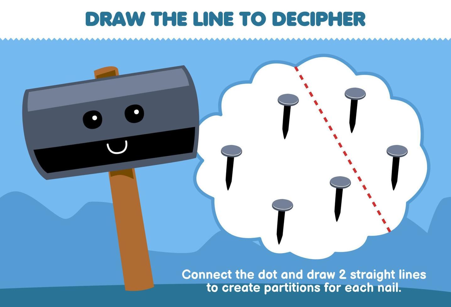 Education game for children help hammer draw the lines to separate the nails printable tool worksheet vector