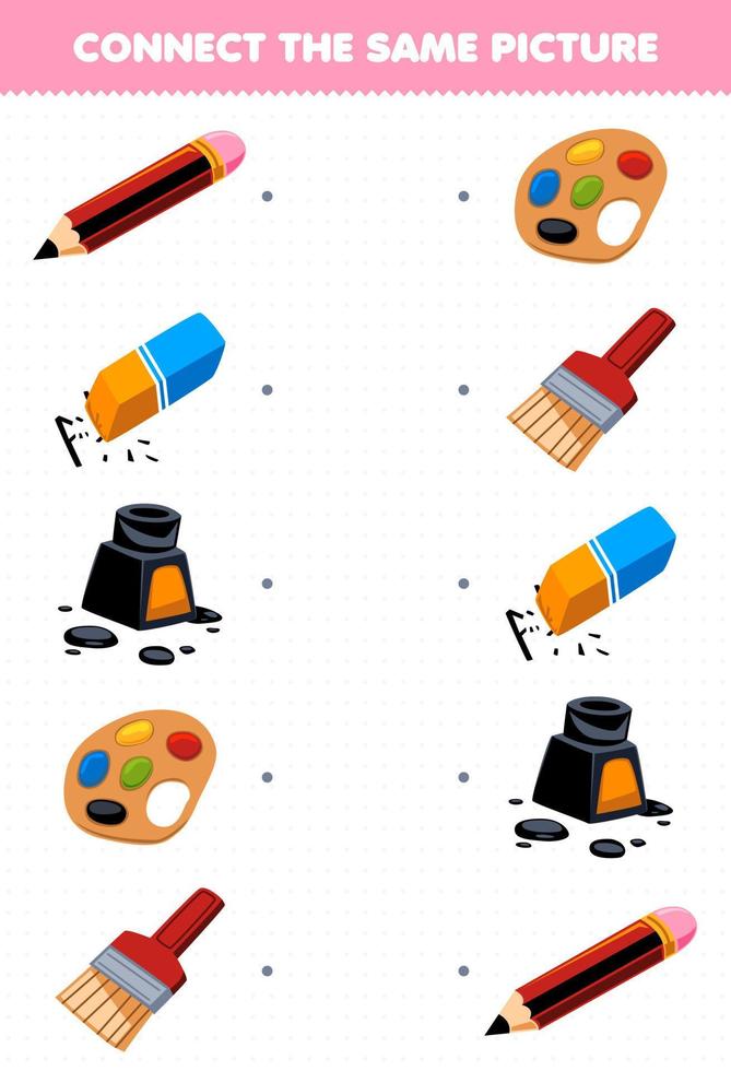 Education game for children connect the same picture of cartoon pencil eraser ink palette brush picture printable tool worksheet vector