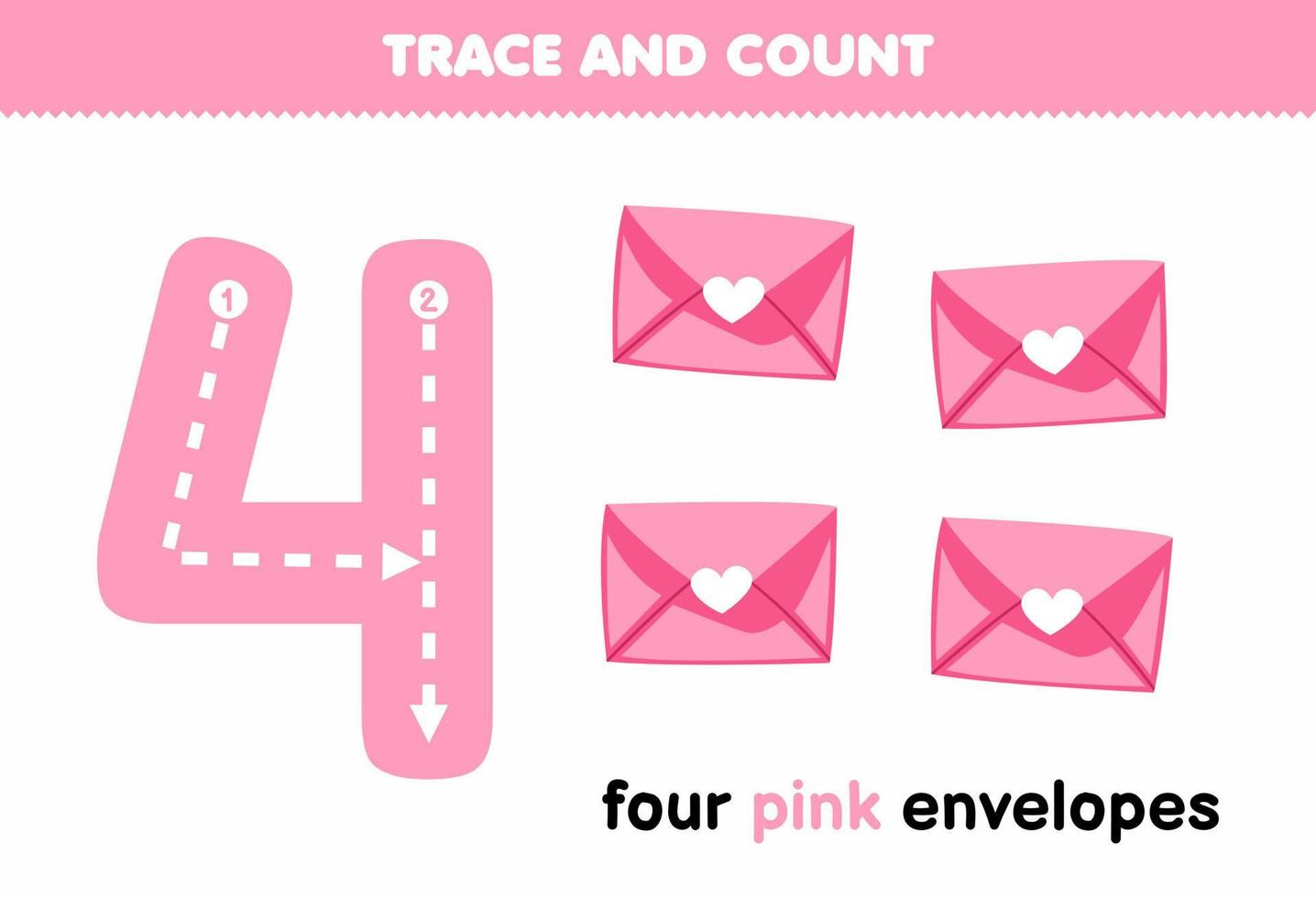 Education game for children tracing number four and counting of cute cartoon pink envelopes printable tool worksheet vector