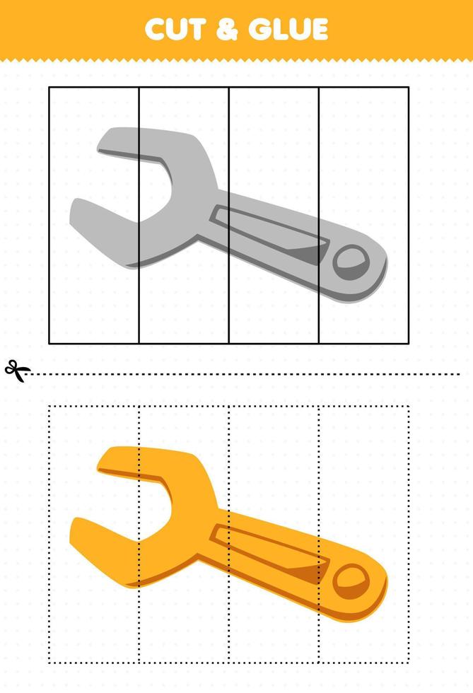 Education game for children cut and glue with cute cartoon wrench picture printable tool worksheet vector