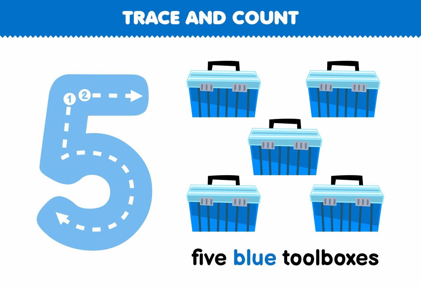 Education game for children tracing number five and counting of cute cartoon blue toolboxes printable tool worksheet vector