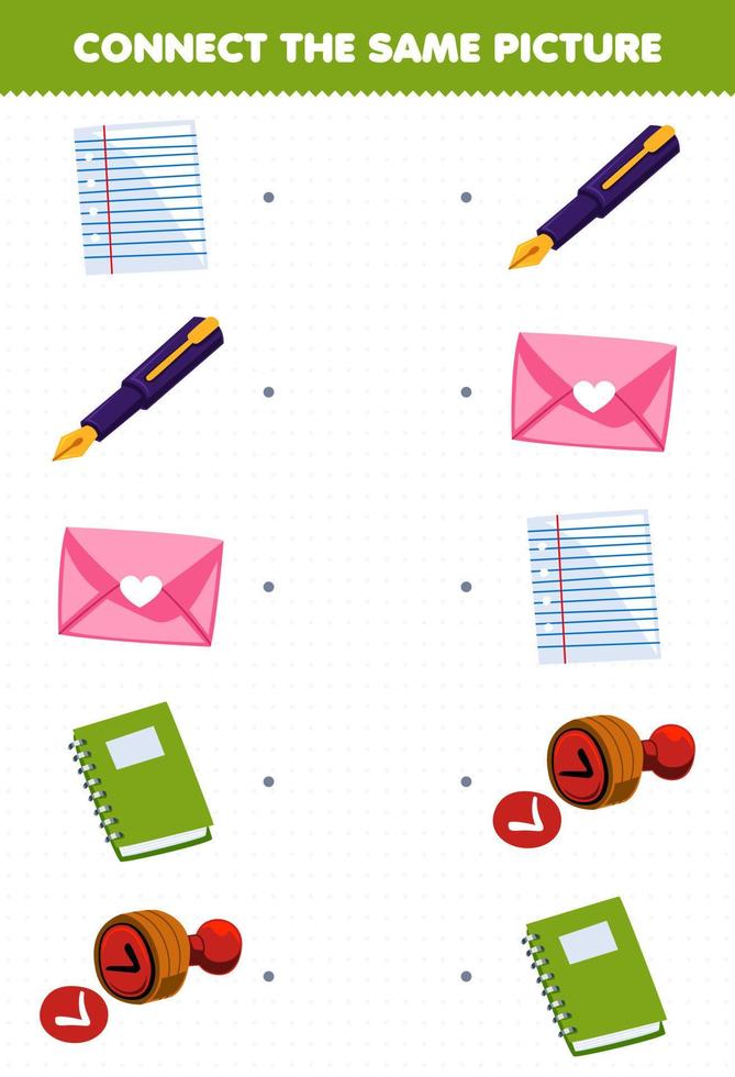 Education game for children connect the same picture of cartoon paper pen envelope book stamp picture printable tool worksheet vector