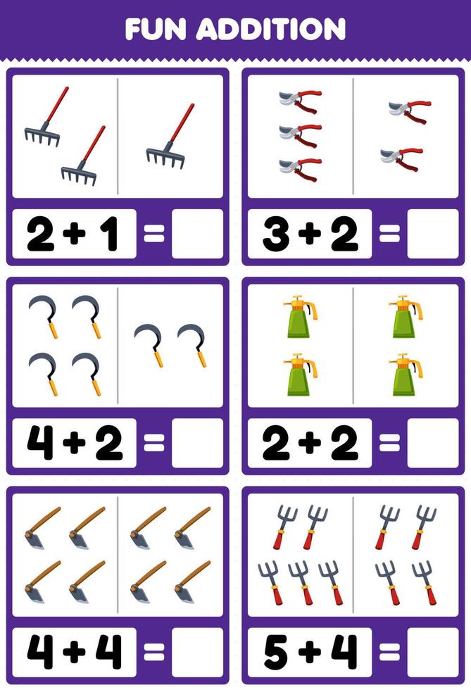 Education game for children fun addition by counting and sum of cute cartoon rake pruner sickle sprayer hoe fork printable tool worksheet vector