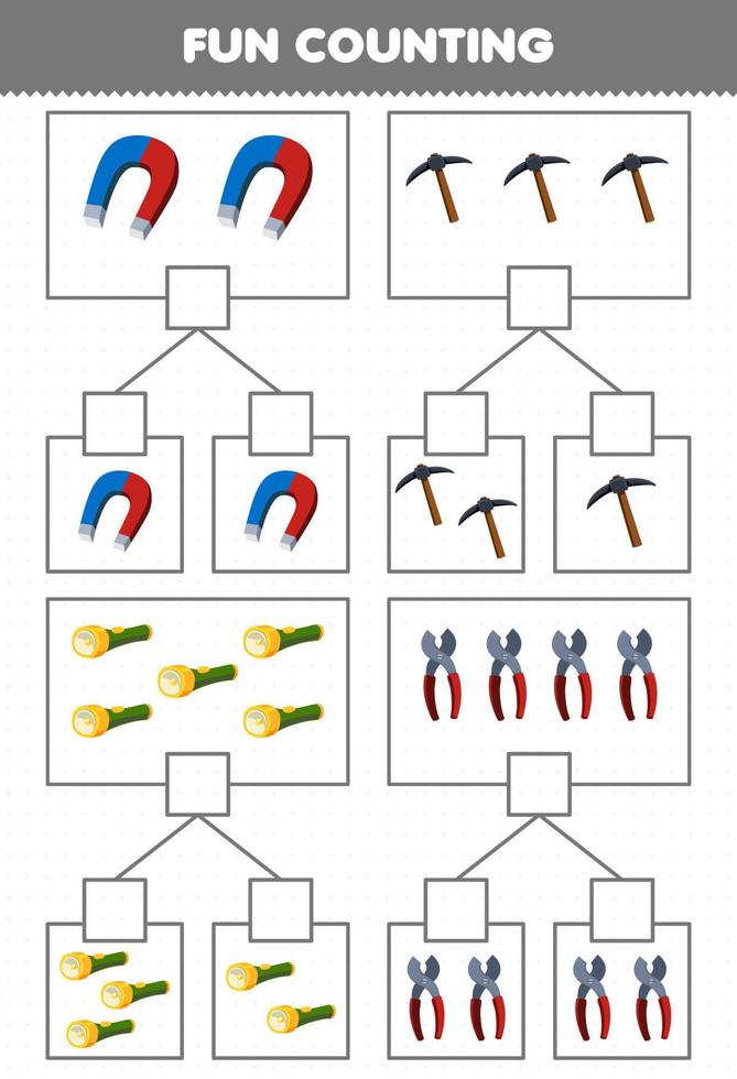 Education game for children fun counting picture in each box of cute cartoon magnet pickaxe flashlight pliers printable tool worksheet vector