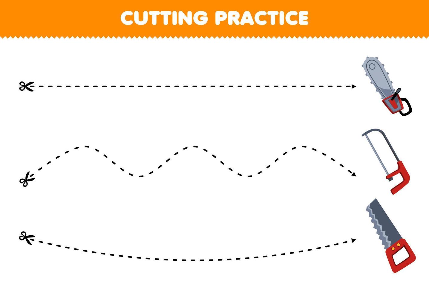 Education game for children cutting practice with cute cartoon chainsaw and saw picture printable tool worksheet vector