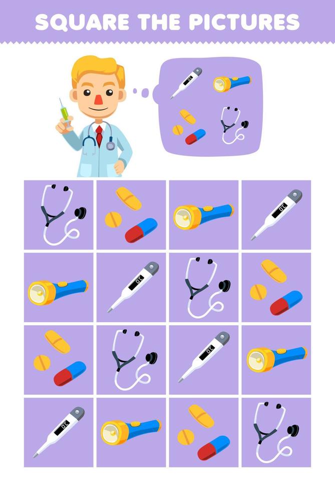 Education game for children help cute cartoon doctor square the correct stethoscope flashlight medicine thermometer set picture printable tool worksheet vector