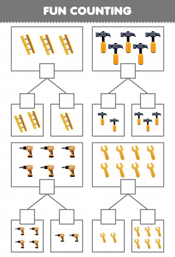 Education game for children fun counting picture in each box of cute cartoon ladder hammer drill wrench printable tool worksheet vector