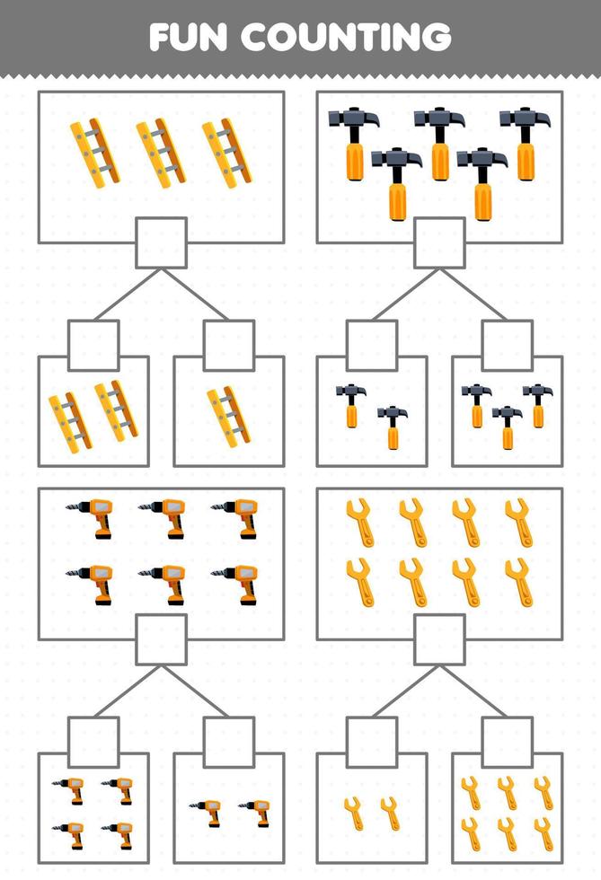 educación juego para niños divertido contando imagen en cada caja de linda dibujos animados escalera martillo perforar llave inglesa imprimible herramienta hoja de cálculo vector