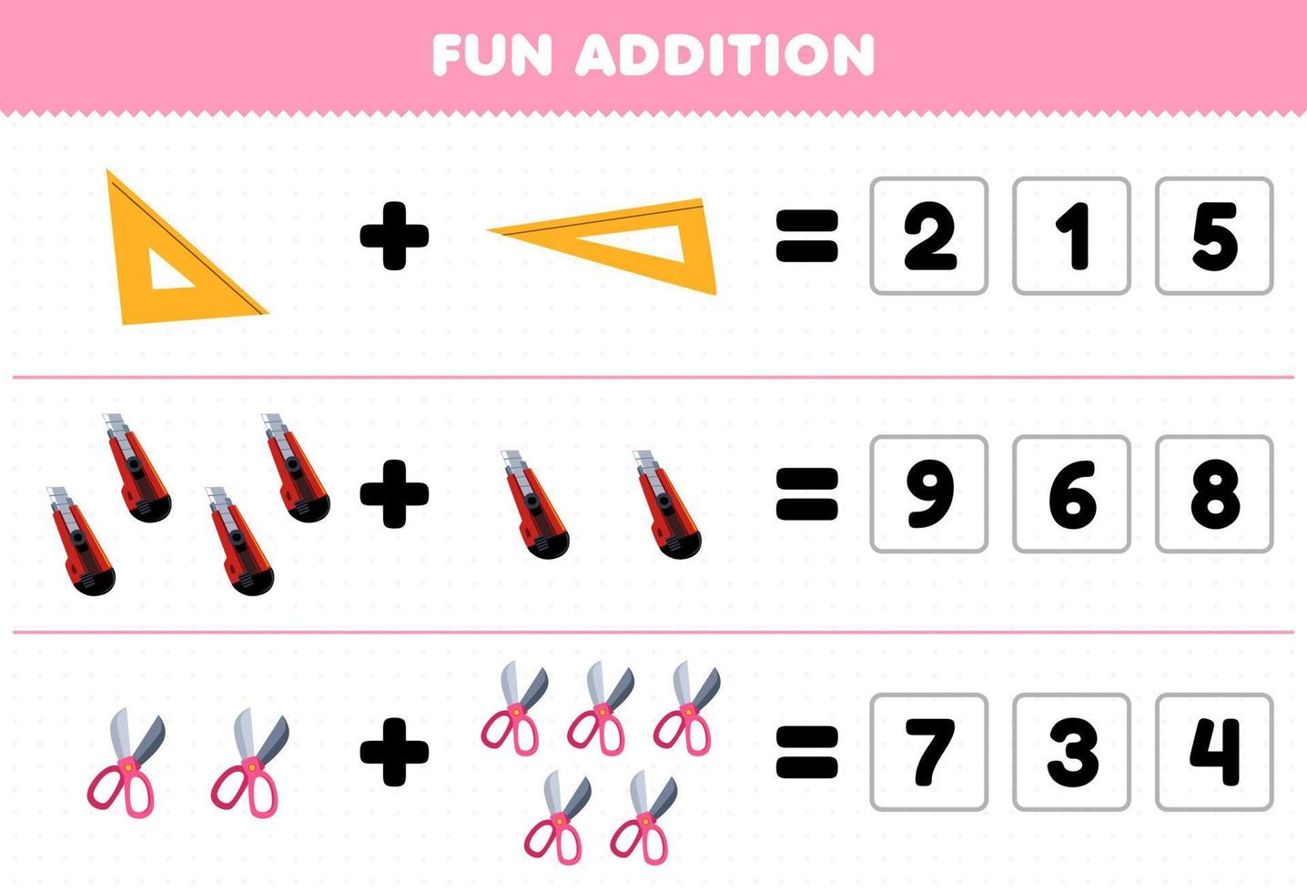 Education game for children fun addition by guess the correct number of cute cartoon ruler cutter scissor picture printable tool worksheet vector