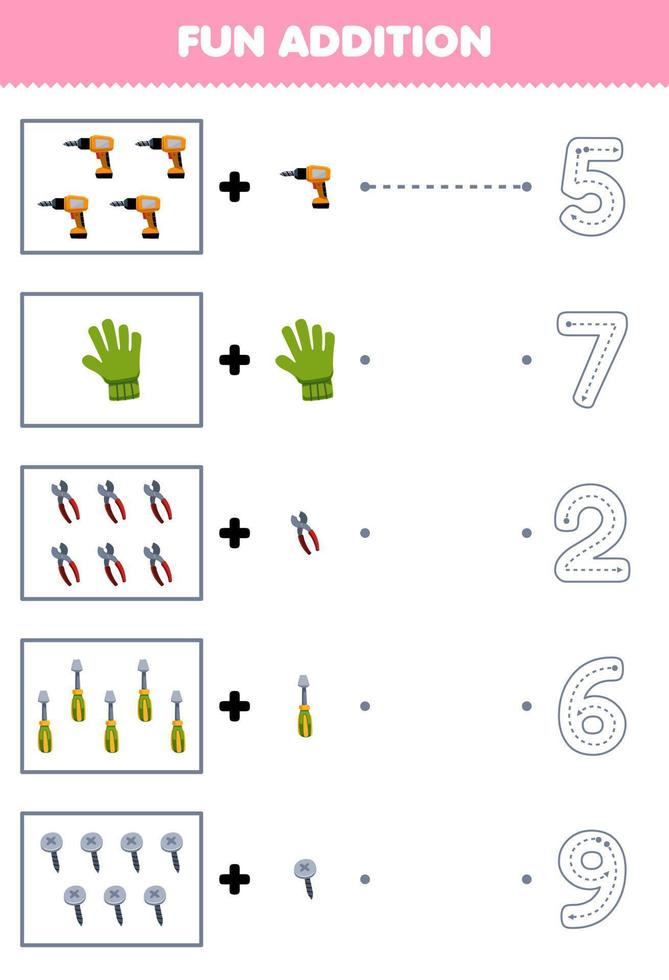 Education game for children fun counting and add one more cartoon drill glove pliers screwdriver screw then choose the correct number tool worksheet vector