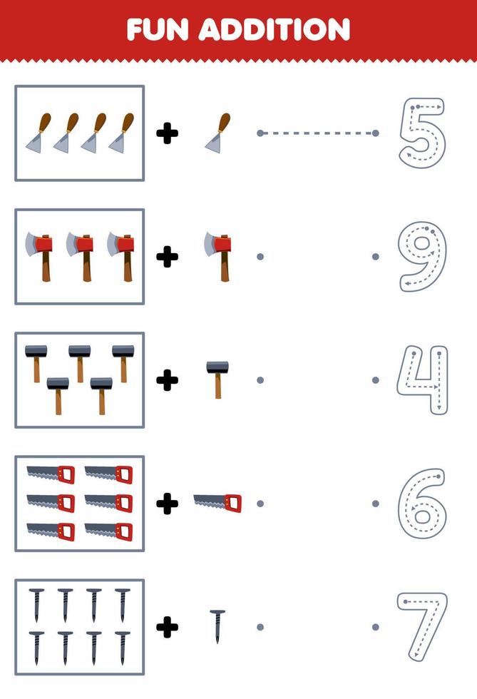 Education game for children fun counting and add one more cartoon chisel axe hammer saw nail then choose the correct number tool worksheet vector