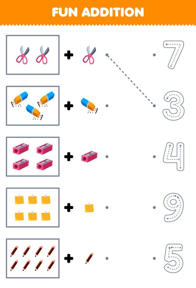Education game for children fun counting and add one more cartoon scissor eraser sharpener pencil then choose the correct number tool worksheet vector