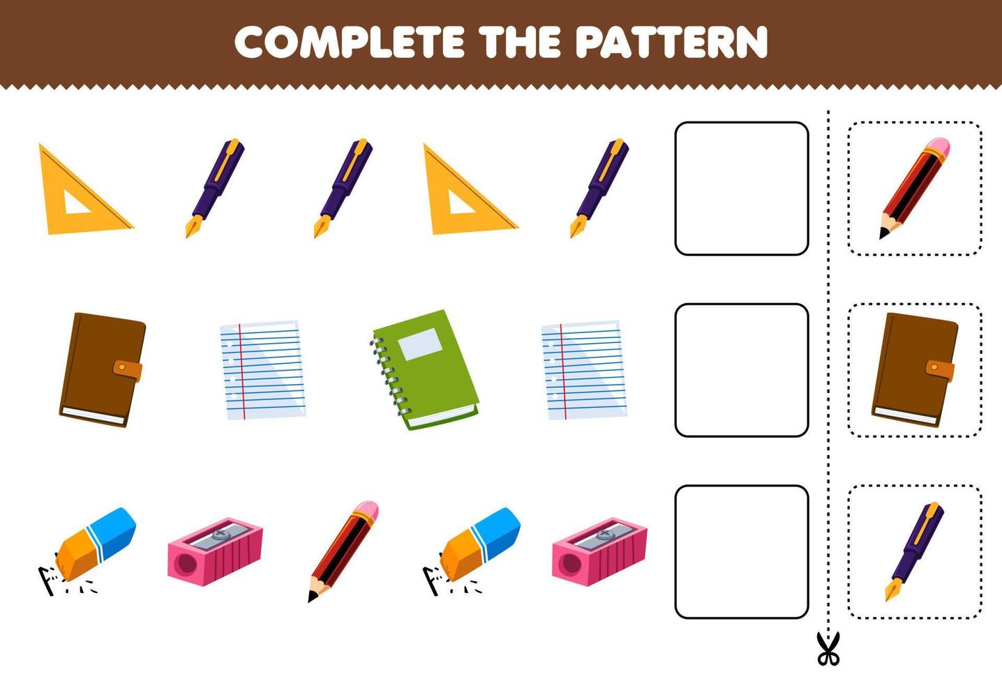 Education game for children complete the pattern for cute cartoon ruler pen  book paper eraser sharpener pencil printable worksheet 20350690 Vector Art  at Vecteezy