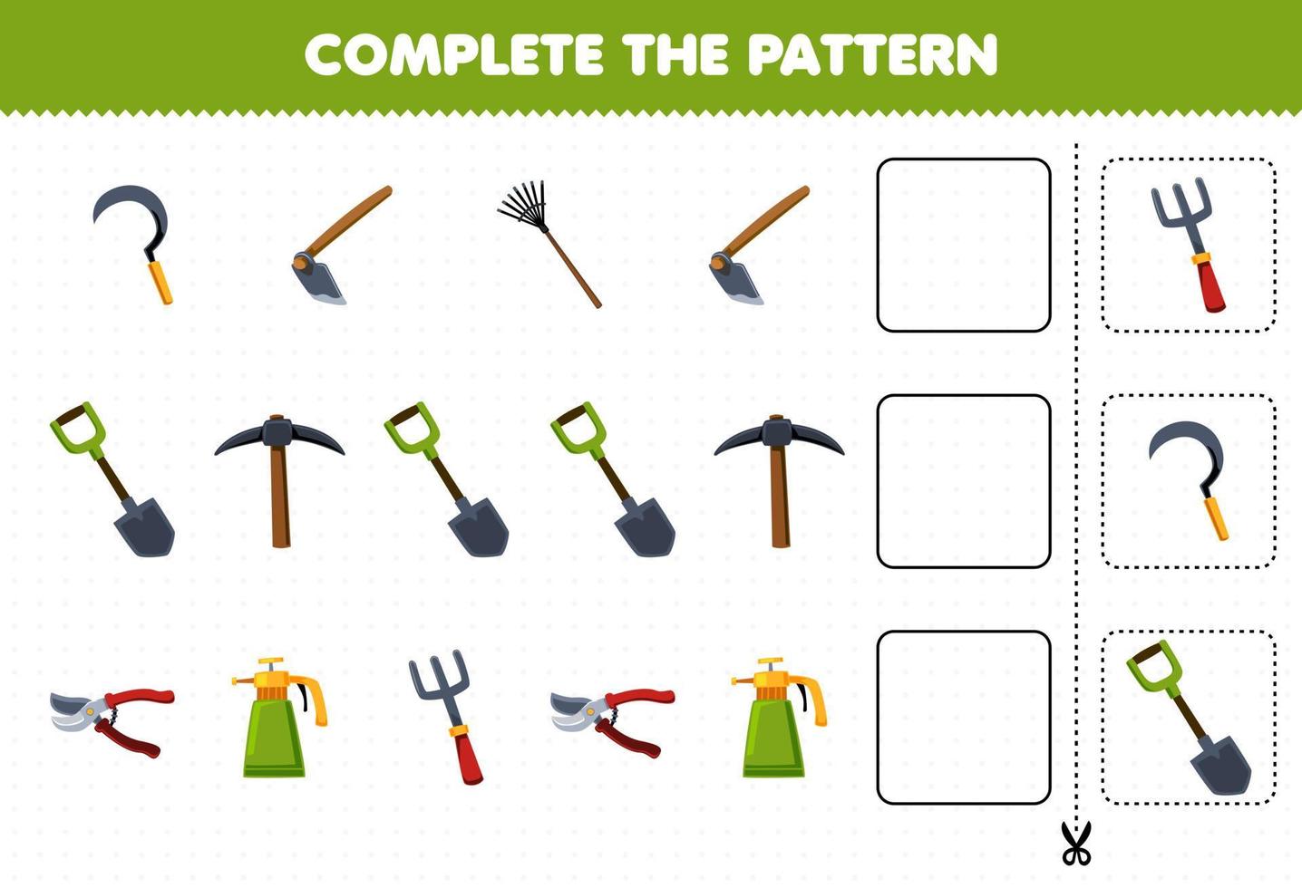 Education game for children complete the pattern for cute cartoon sickle hoe rake shovel pickaxe pruner sprayer fork printable worksheet vector