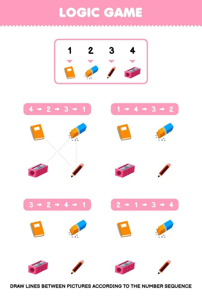 Education game for children draw lines according to the number sequences of cute cartoon book eraser pencil sharpener pictures printable tool worksheet vector