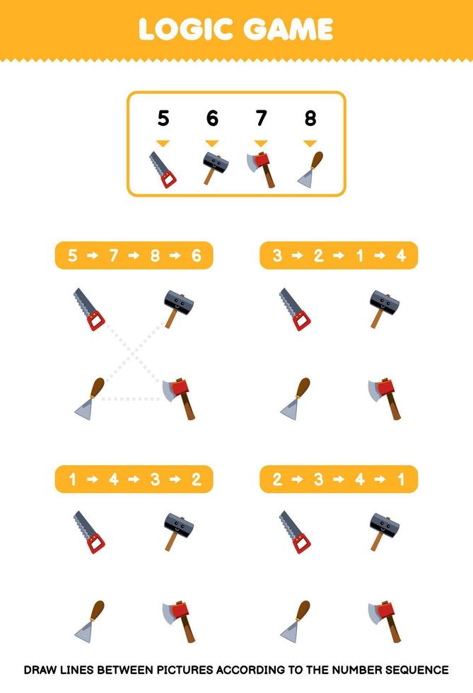 Education game for children draw lines according to the number sequences of cute cartoon saw hammer axe chisel pictures printable tool worksheet vector