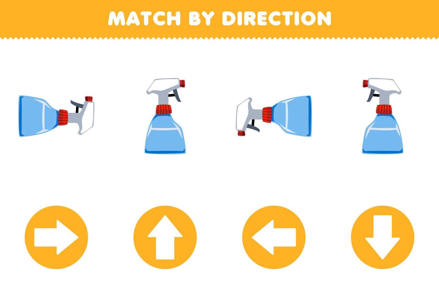 Education game for children match by direction left right up or down orientation of cute cartoon sprayer printable tool worksheet vector