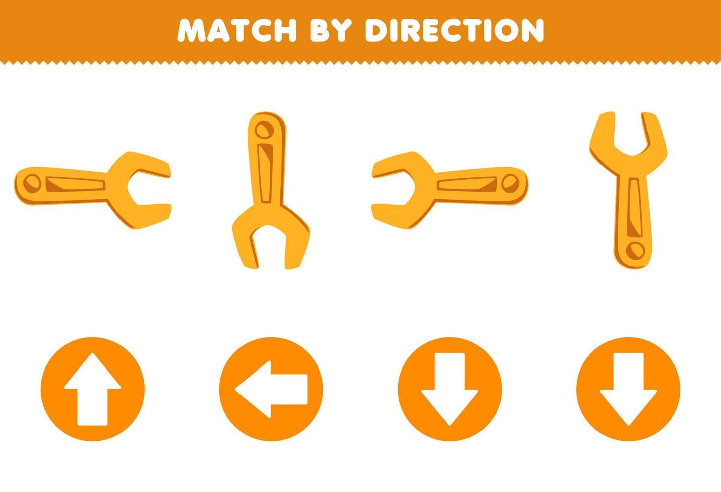 Education game for children match by direction left right up or down orientation of cute cartoon wrench printable tool worksheet vector