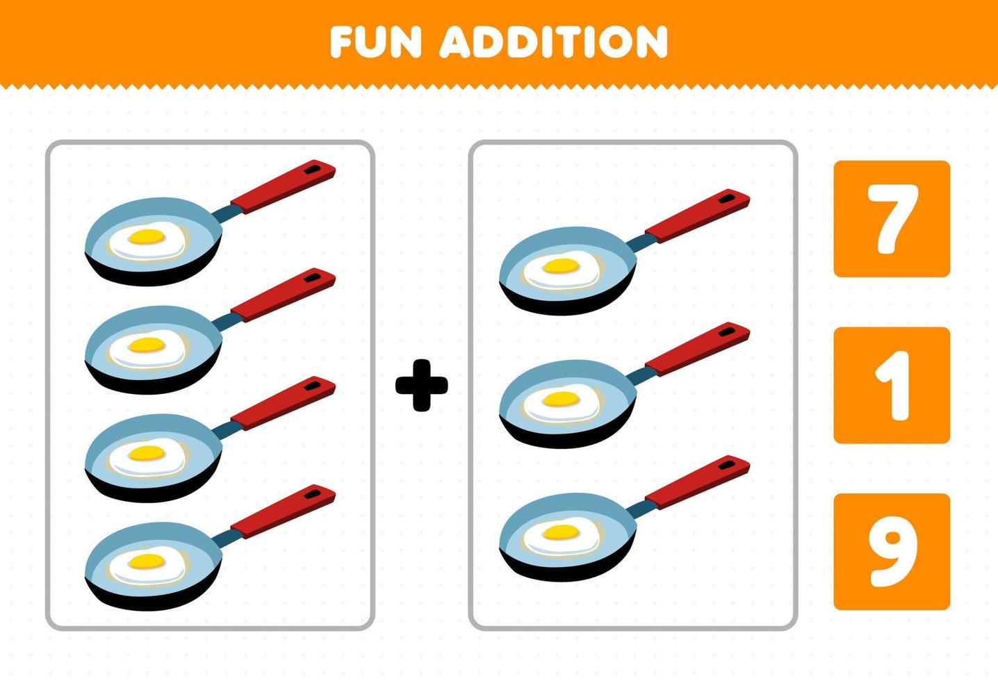 Education game for children fun addition by count and choose the correct answer of cute cartoon frying pan printable tool worksheet vector