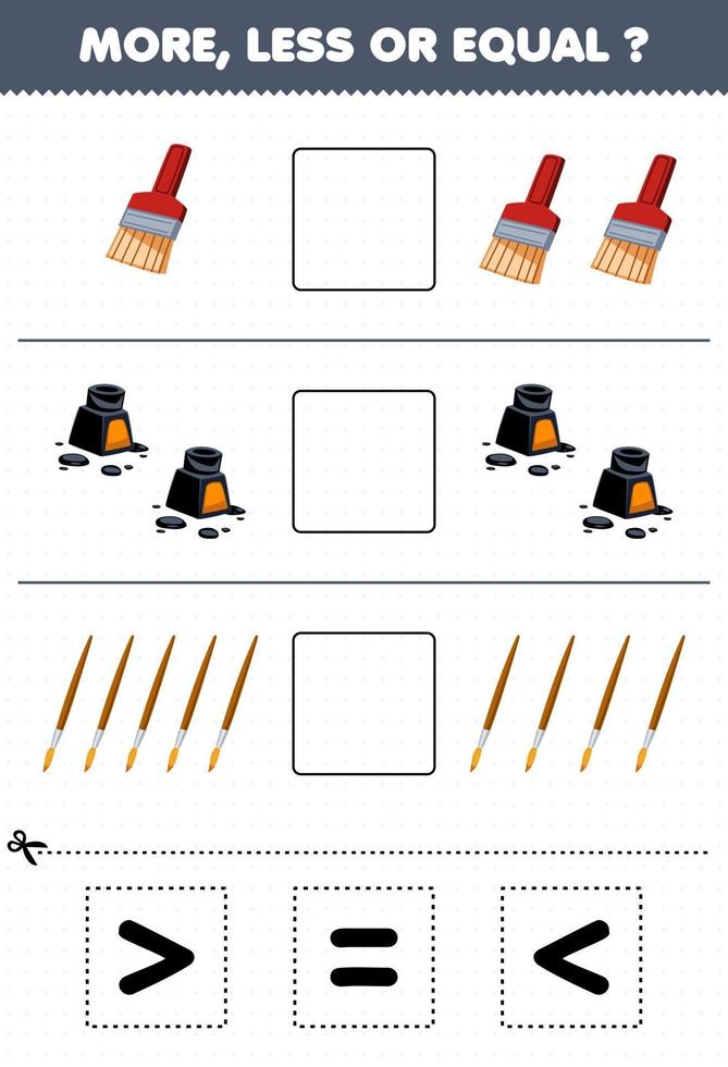 Education game for children count more less or equal of cartoon brush and ink then cut and glue the correct sign tool worksheet vector