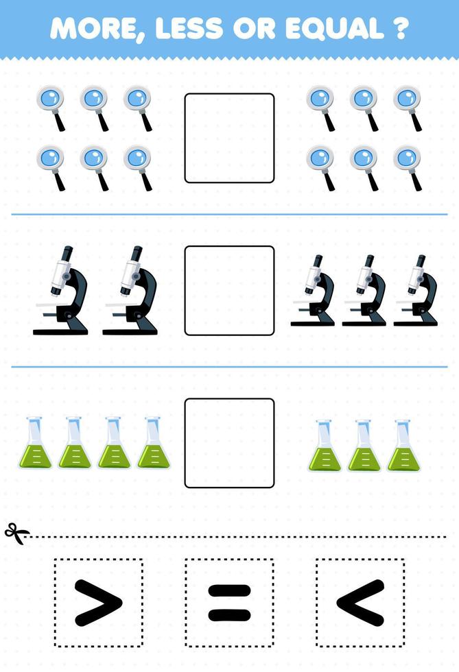 Education game for children count more less or equal of cartoon magnifier microscope beaker then cut and glue the correct sign tool worksheet vector