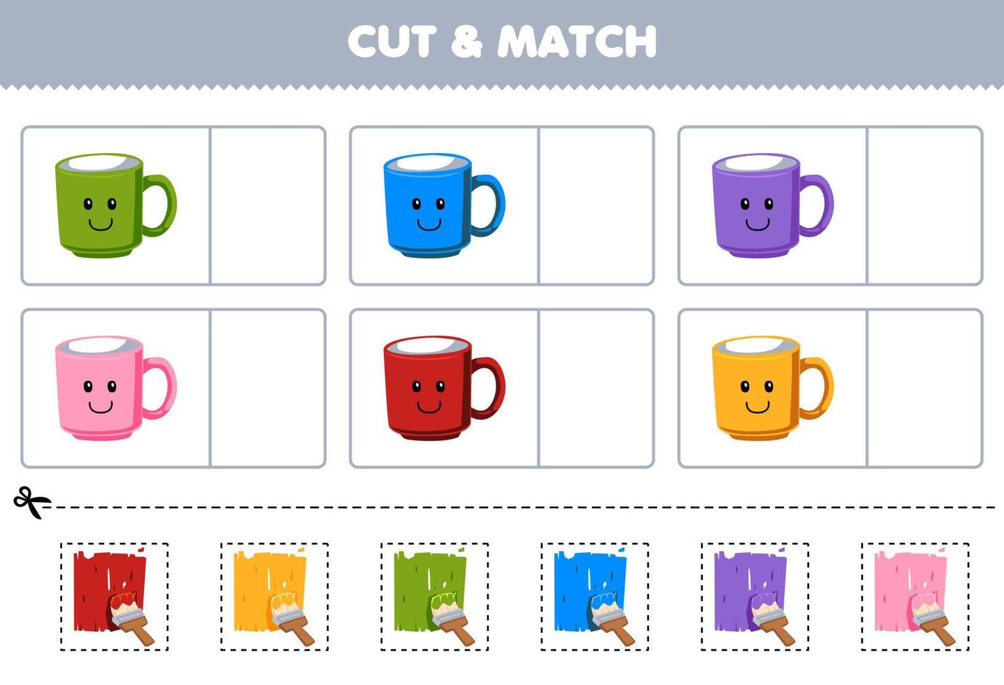 Education game for children cut and match the same color of cute cartoon mug picture printable tool worksheet vector