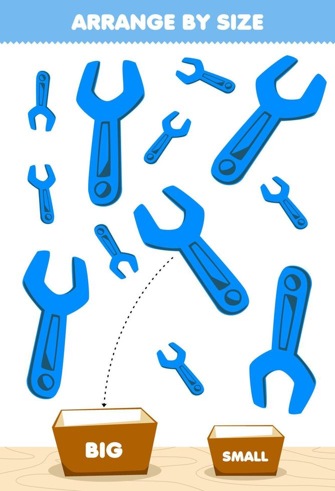 Education game for children arrange by size big or small put it in the box of cute cartoon wrench picture printable tool worksheet vector