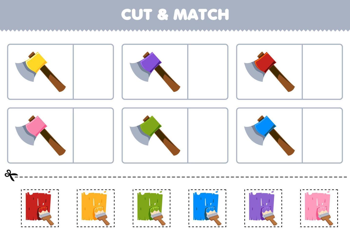 Education game for children cut and match the same color of cute cartoon axe picture printable tool worksheet vector