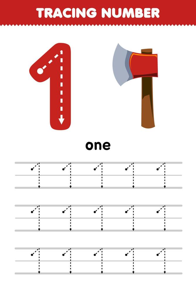 Education game for children tracing number one with red axe picture printable tool worksheet vector