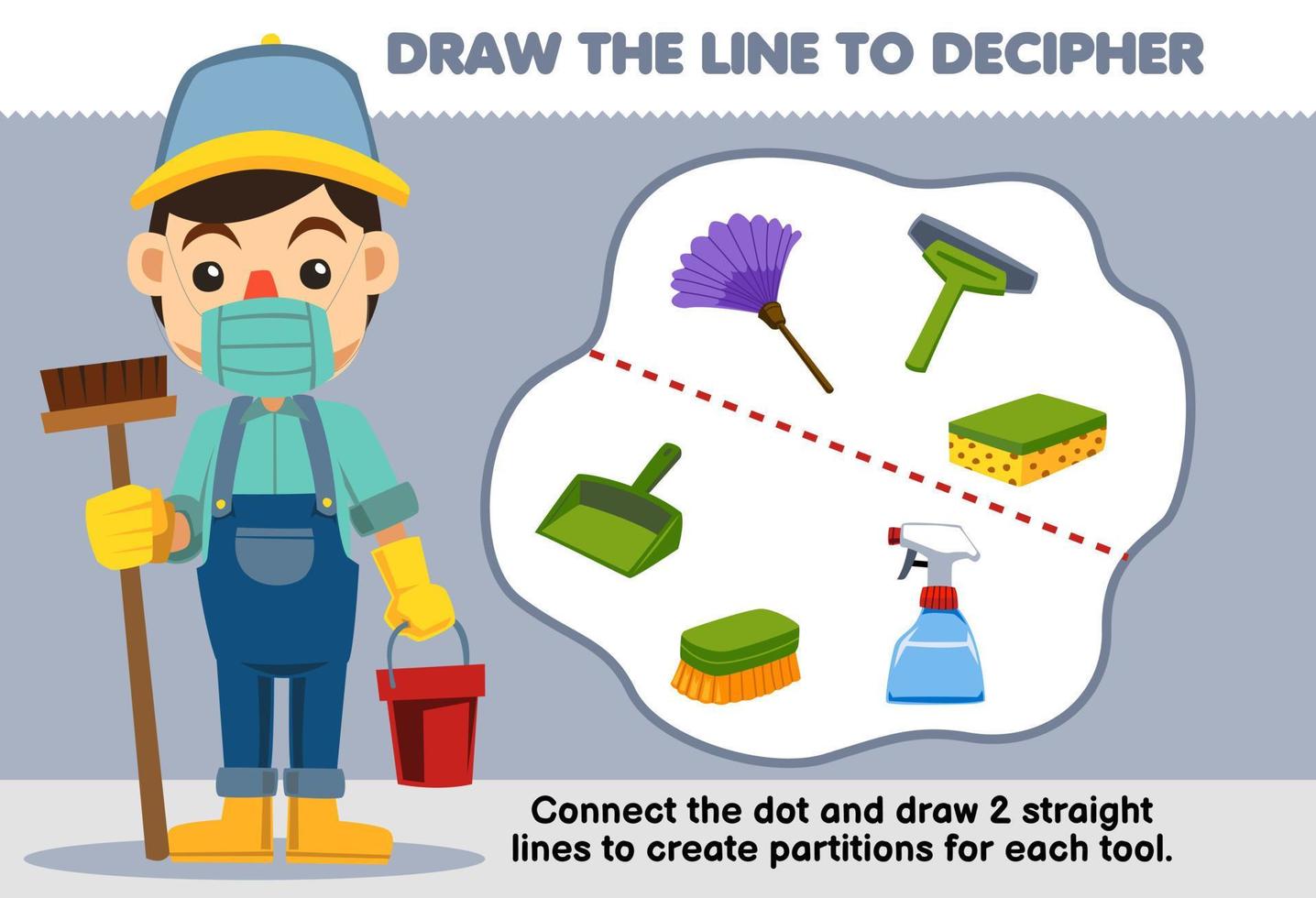 Education game for children help janitor draw the lines to separate cleaning equipment printable tool worksheet vector