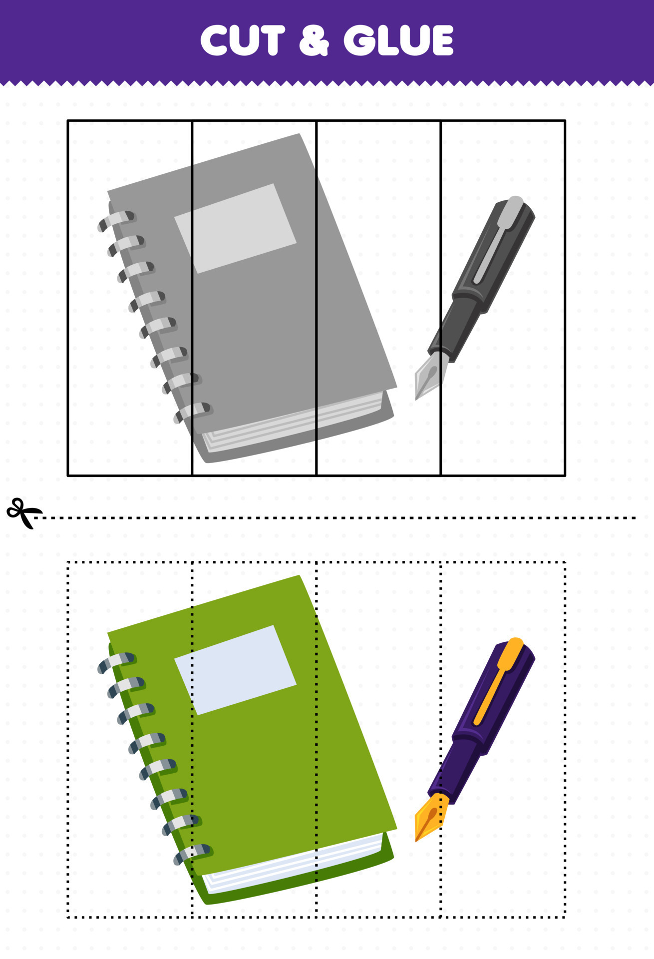 Education Game For Children Cut And Glue With Cute Cartoon Book And Pen education-game-for-children-cut-and-glue-with-cute-cartoon-book-and-pen