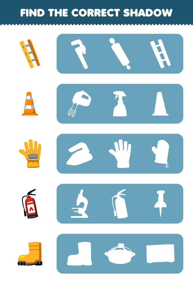 Education game for children find the correct shadow silhouette of cute cartoon ladder traffic cone glove extinguisher boot printable tool worksheet vector