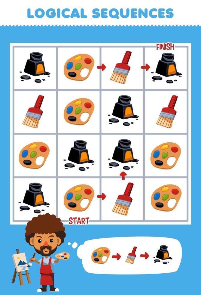 Education game for children logical sequence help painter sort palette brush and ink from start to finish printable tool worksheet vector